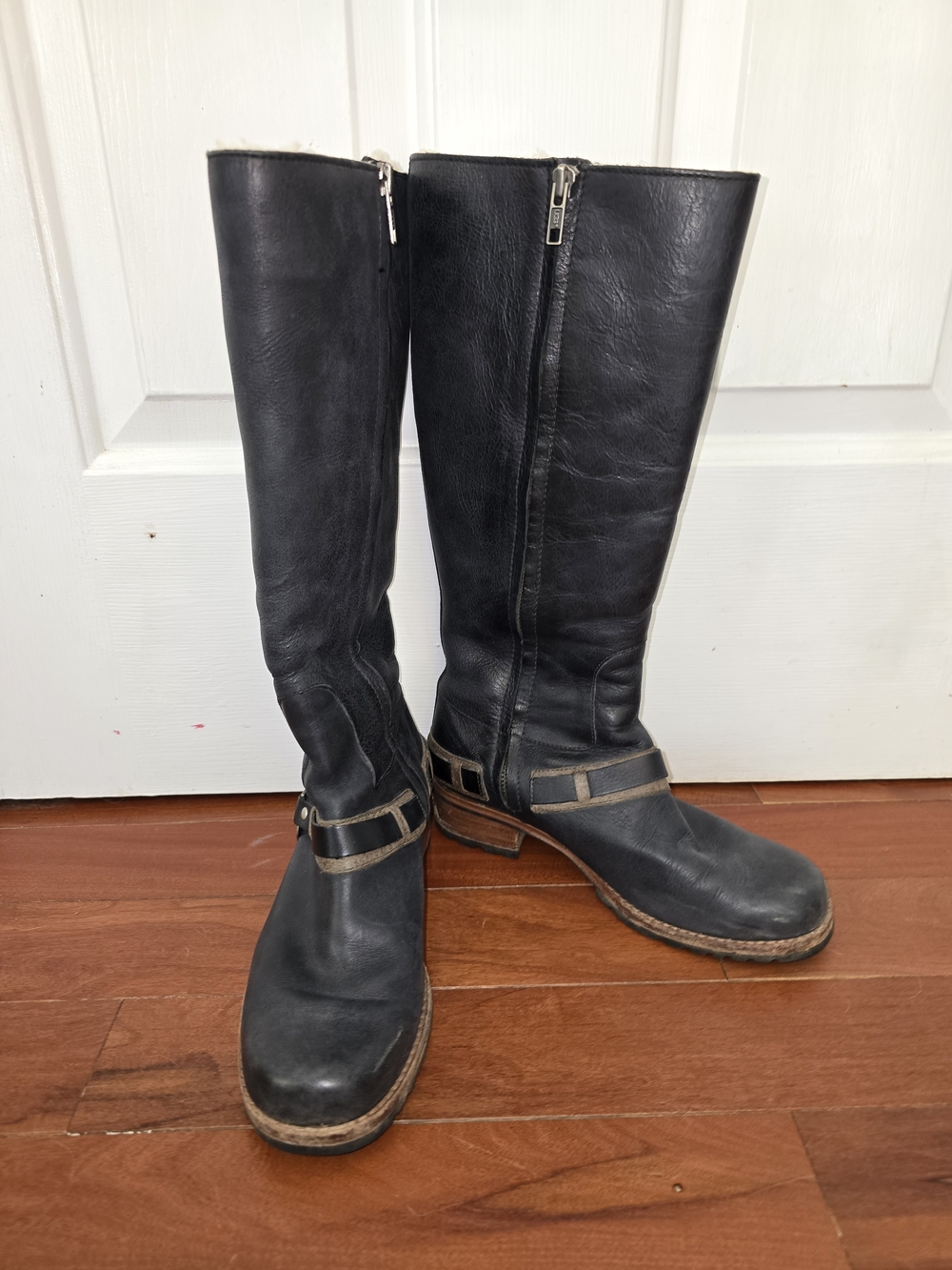 UGG Black Tall Leather Boots with Brown Accents